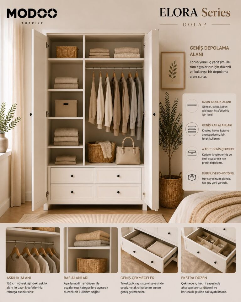 ELORA | Premium 3 Kapaklı Gardırop