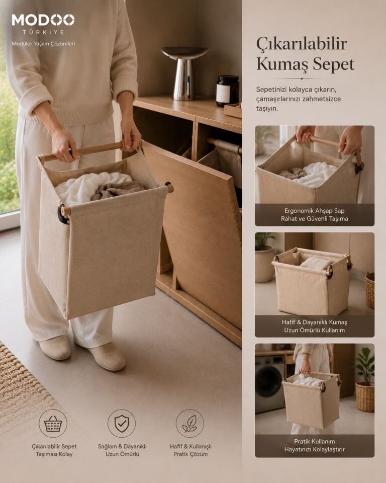 Cleanora | Gizli Çamaşır Ayrıştırma ve Depolama Ünitesi – Safir Meşe