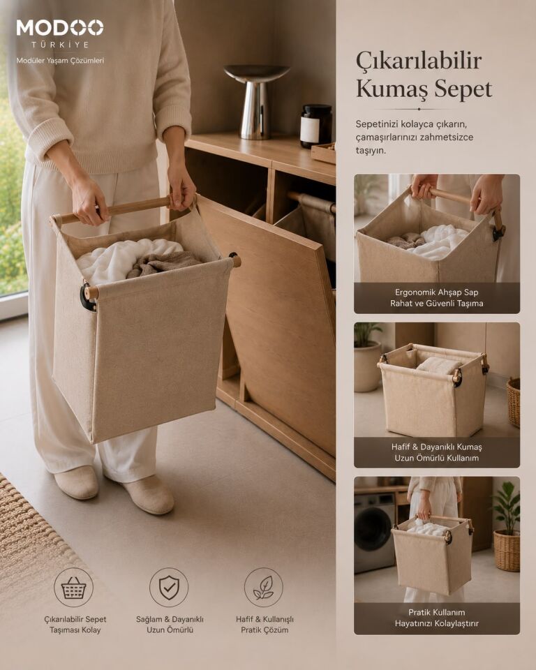 Cleanora | Gizli Çamaşır Ayrıştırma ve Depolama Ünitesi – Safir Meşe
