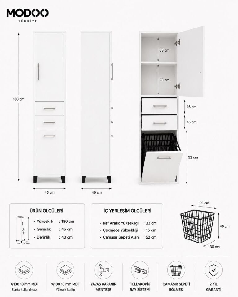 Modoo Çok Amaçlı Banyo Boy Dolabı 40 cm